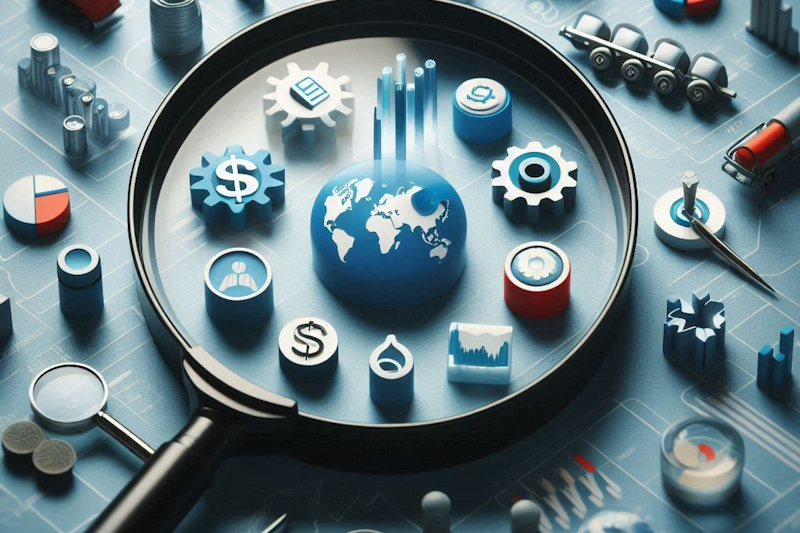 A magnifying glass sits on a table highlighting different icons that represent sectors of the economy